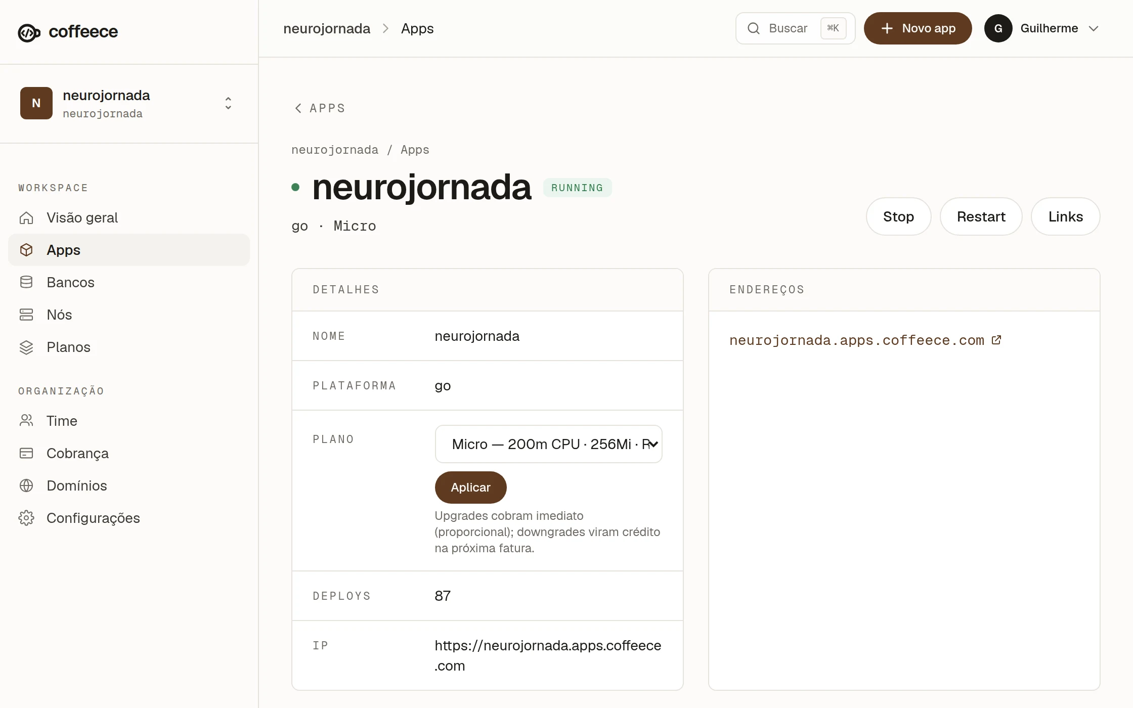 An app's page on GoShip: URL, sandbox state and units